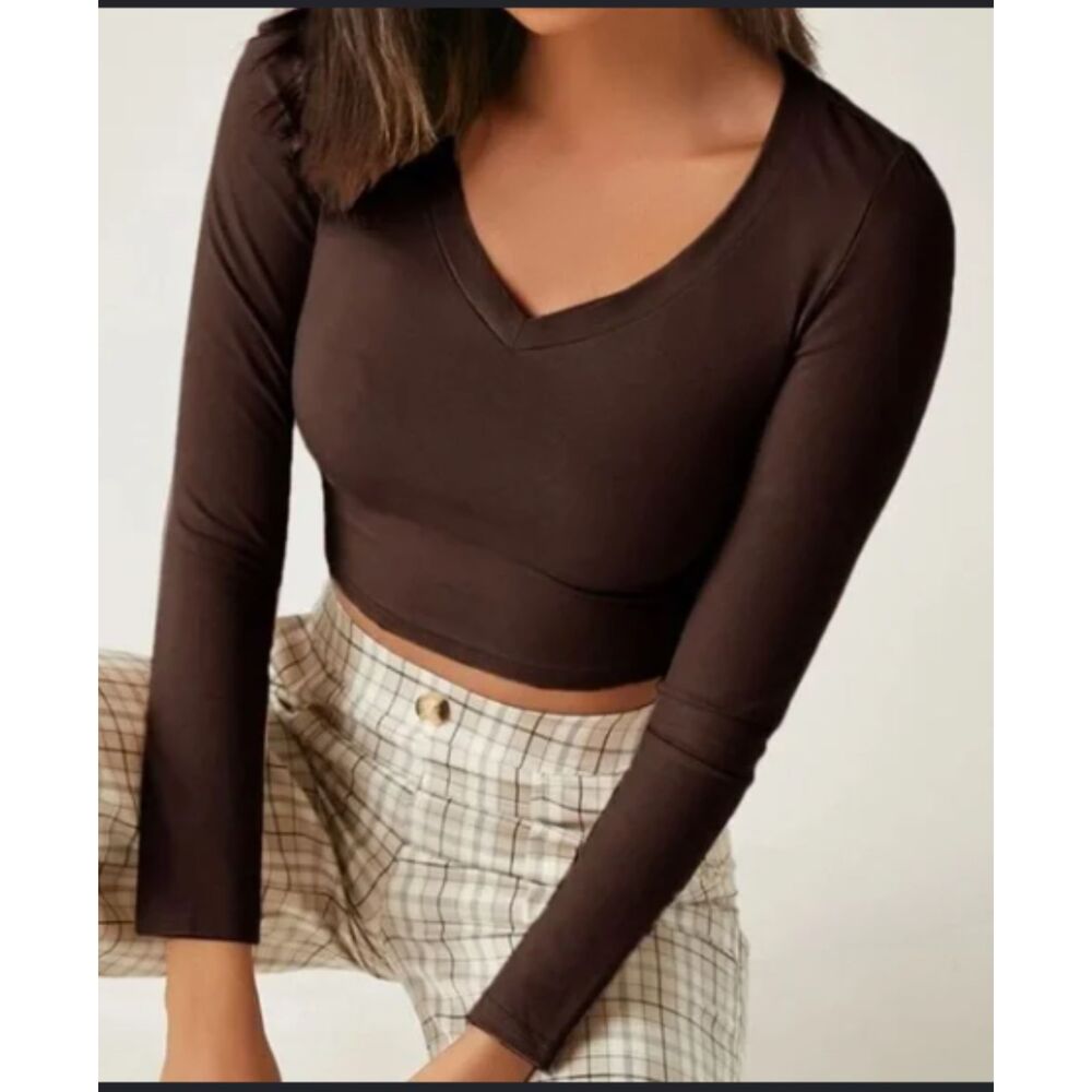 Long Sleeve V Neck Brown Crop Top, Stretchy, Women's XS